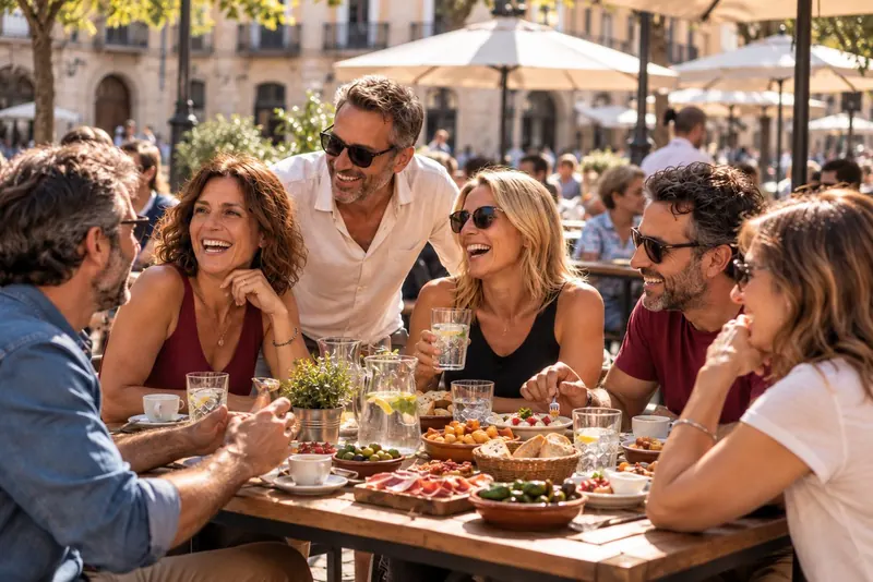 Grupo de amigos riendo en la terraza de una plaza, con agua, café y tapas