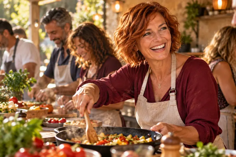 Una mujer sonríe mientras cocina con otras personas en un taller de cocina