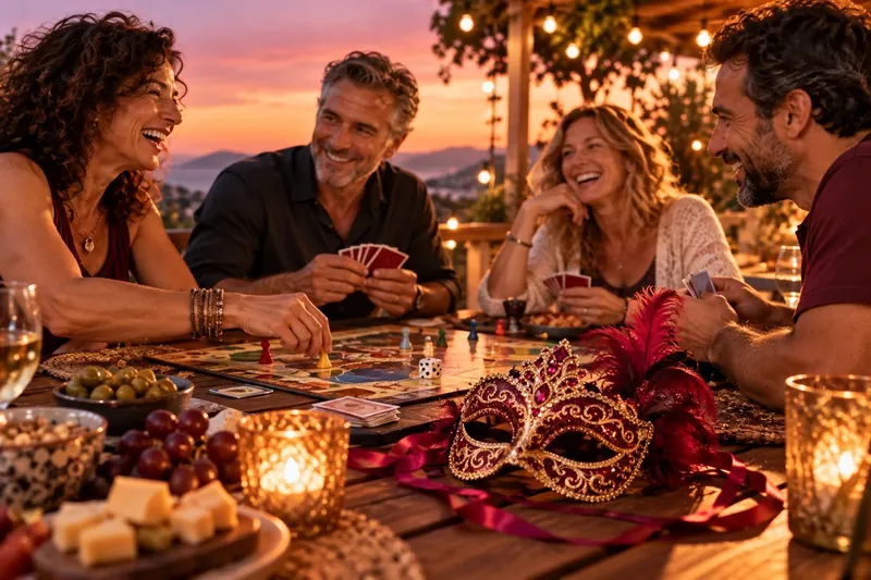 Grupo jugando a juegos de mesa en una terraza, con un antifaz sobre la mesa