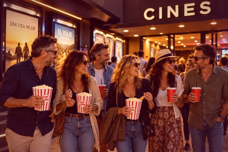 Grupo con palomitas a la salida del cine
