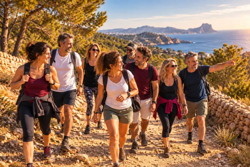 Grupo de personas caminando y riendo por un sendero junto al mar