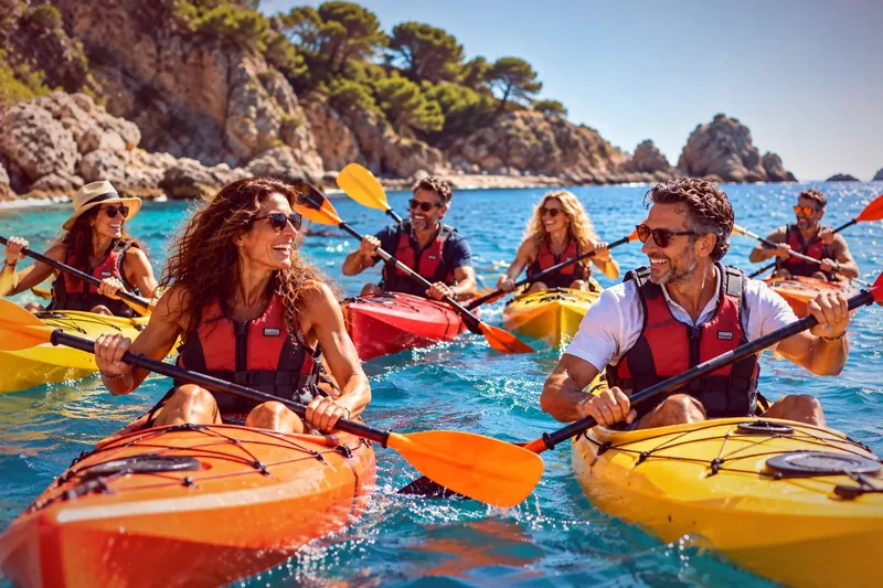 Grupo en kayaks en una cala de agua turquesa