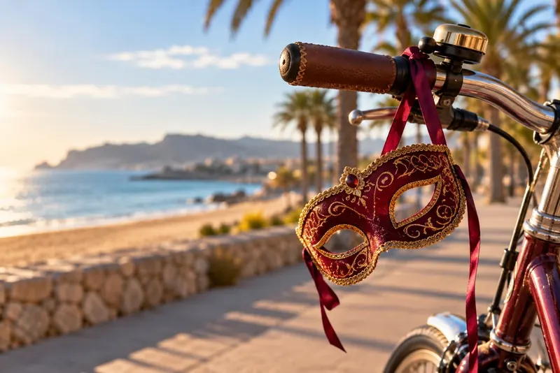 Un antifaz colgando del manillar de una bicicleta junto al mar