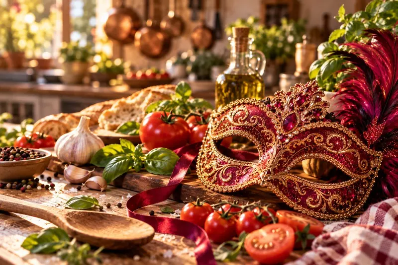 Un antifaz entre los ingredientes de una cocina