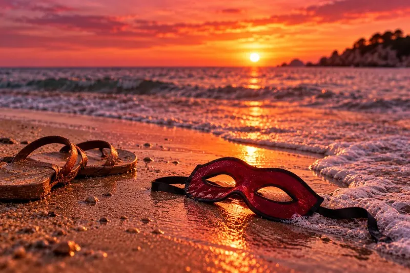Un antifaz sobre la arena de la playa al atardecer