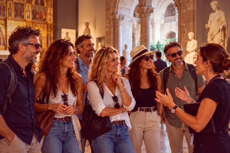 Grupo escuchando a una guía en una visita a un museo