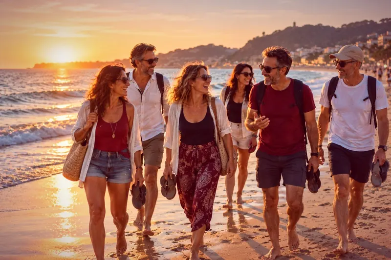 Personas paseando descalzas por la orilla de la playa al atardecer