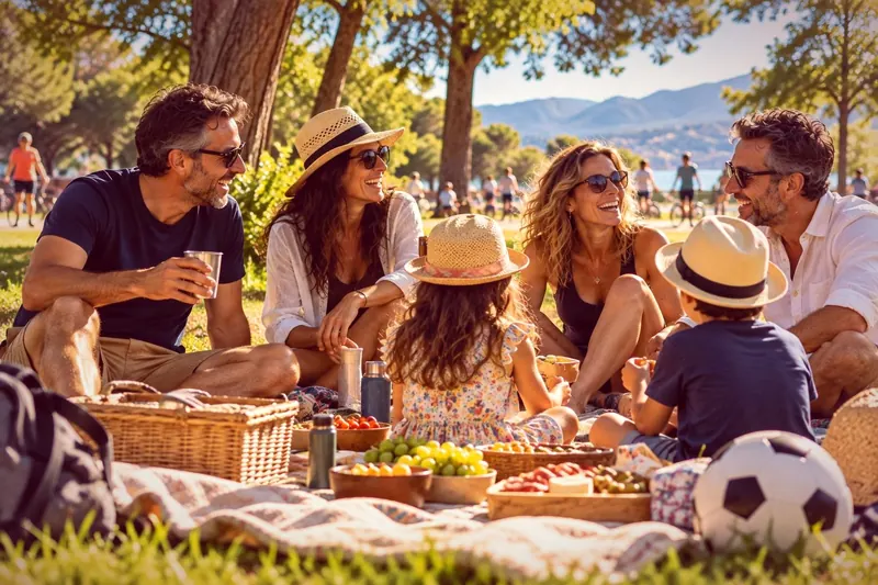 Adultos y niños compartiendo un picnic en un parque