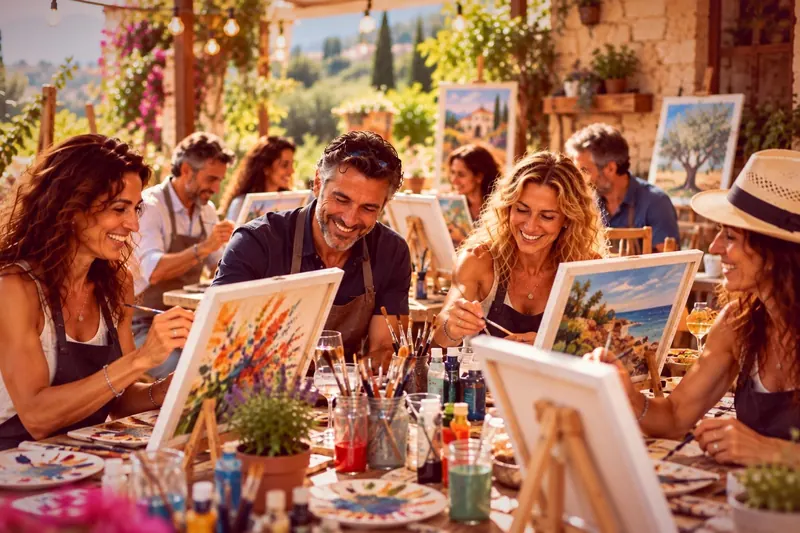 Grupo pintando lienzos en un taller de pintura