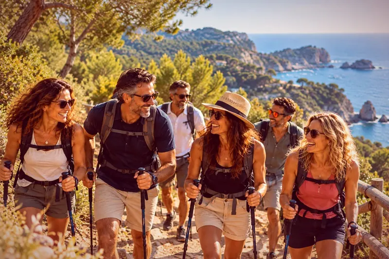 Grupo de personas con bastones caminando por un sendero junto al mar
