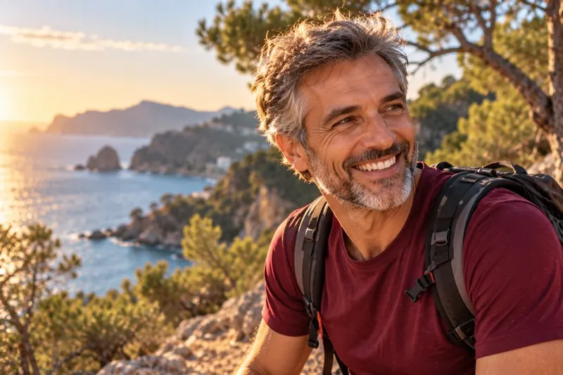 Hombre sonriendo en un sendero junto al mar